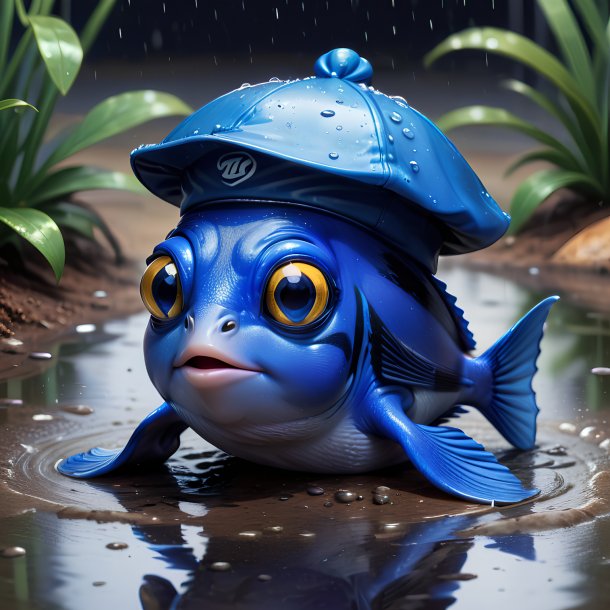 Illustration of a blue tang in a cap in the puddle