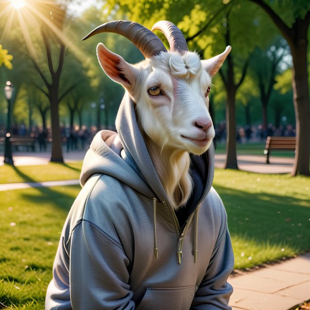 Photo of a goat in a hoodie in the park