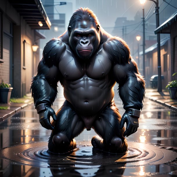 Photo of a gorilla in a gloves in the puddle