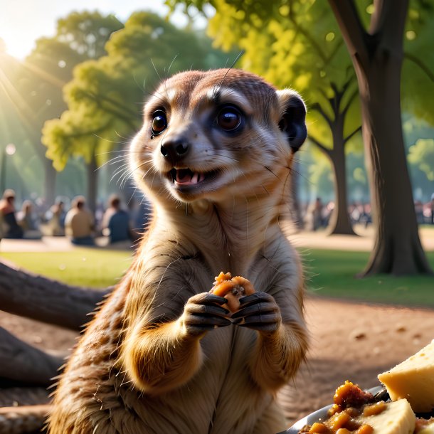 Foto de um comer de um meerkat no parque