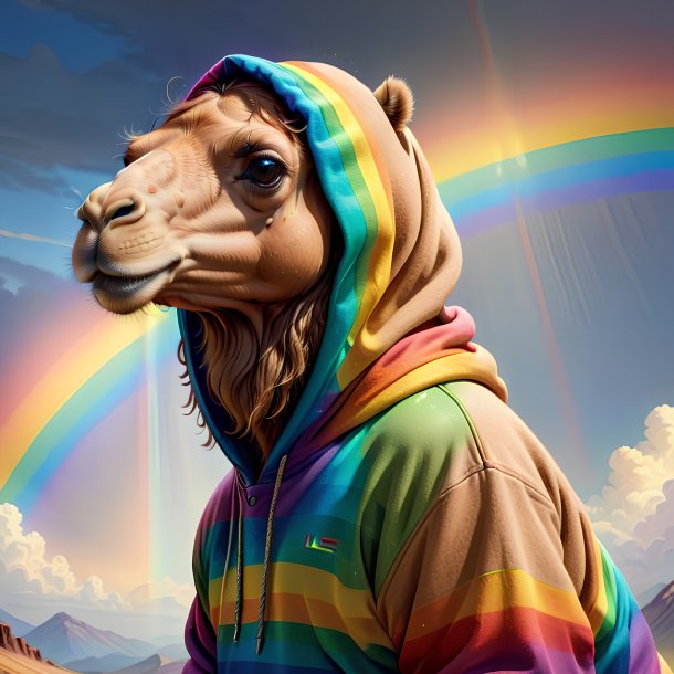 Drawing of a camel in a hoodie on the rainbow