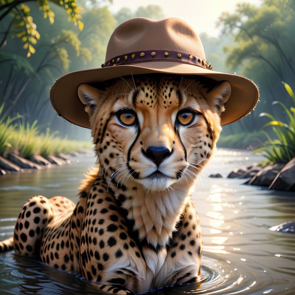 Drawing of a cheetah in a hat in the river