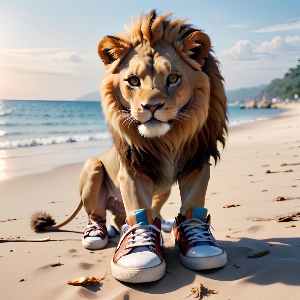 Pic d'un lion dans une chaussure sur la plage