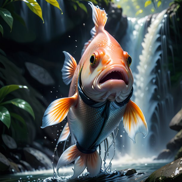 Image of a fish in a gloves in the waterfall