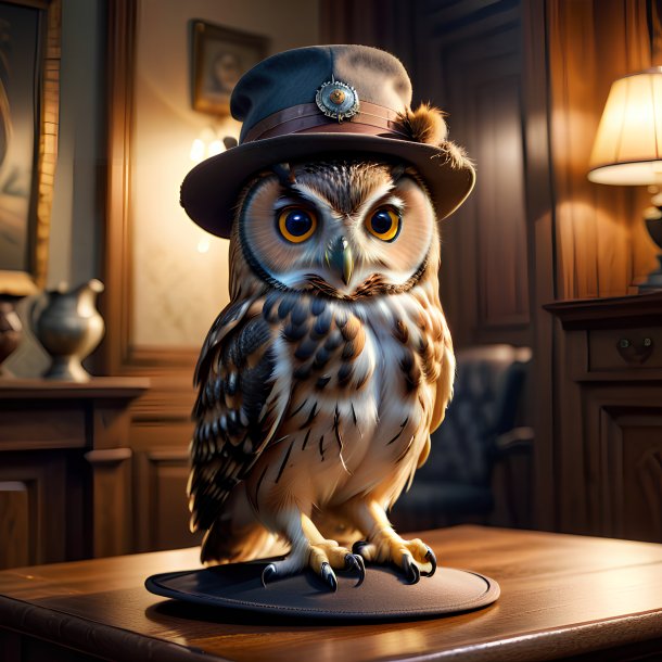 Pic of a owl in a hat in the house