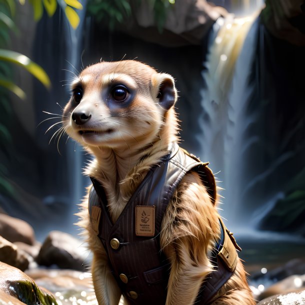 Image of a meerkat in a vest in the waterfall