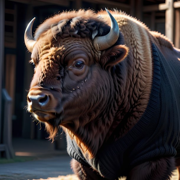 Picture of a bison in a black sweater