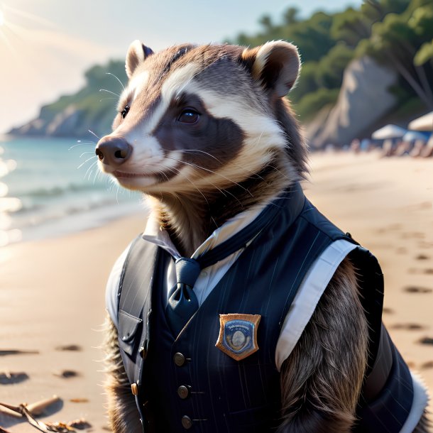 Picture of a badger in a vest on the beach