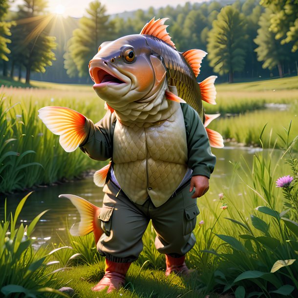 Photo of a carp in a trousers in the meadow