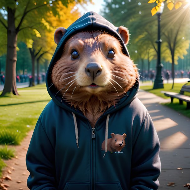 Photo of a beaver in a hoodie in the park