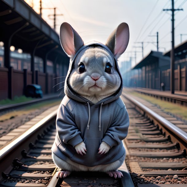 Photo d'une chinchillas dans un sweat à capuche sur les voies ferrées