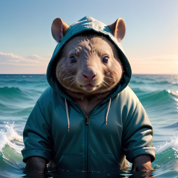 Foto de un wombat en una sudadera con capucha en el mar