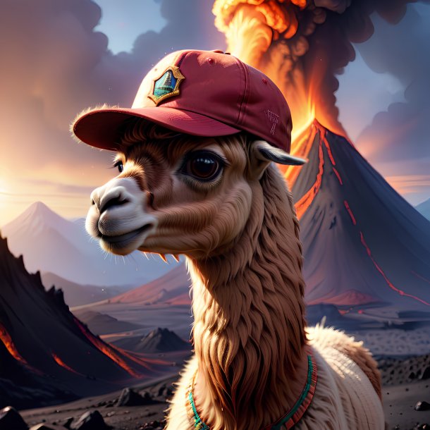 Illustration of a llama in a cap in the volcano