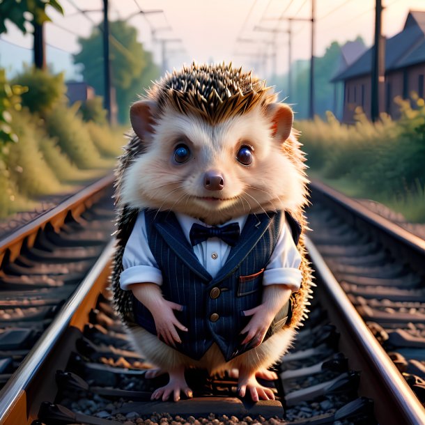 Picture of a hedgehog in a vest on the railway tracks