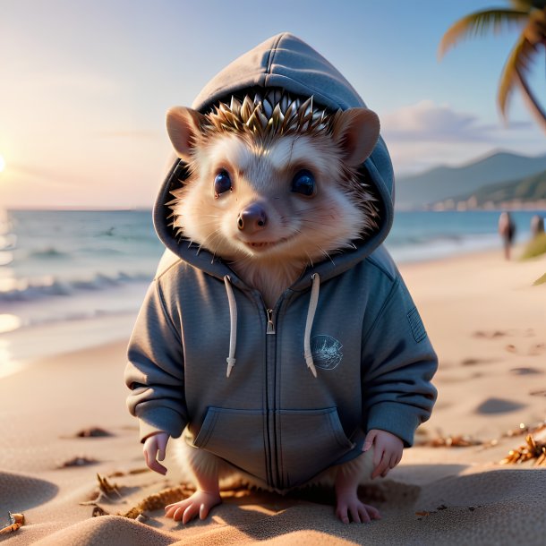 Pic d'un hérisson dans un sweat à capuche sur la plage