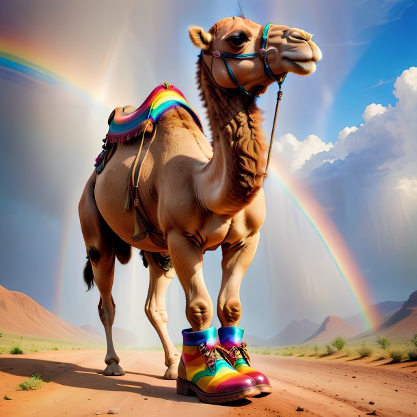 Photo of a camel in a shoes on the rainbow