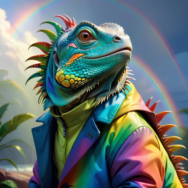 Ilustración de una iguana en un abrigo sobre el arco iris