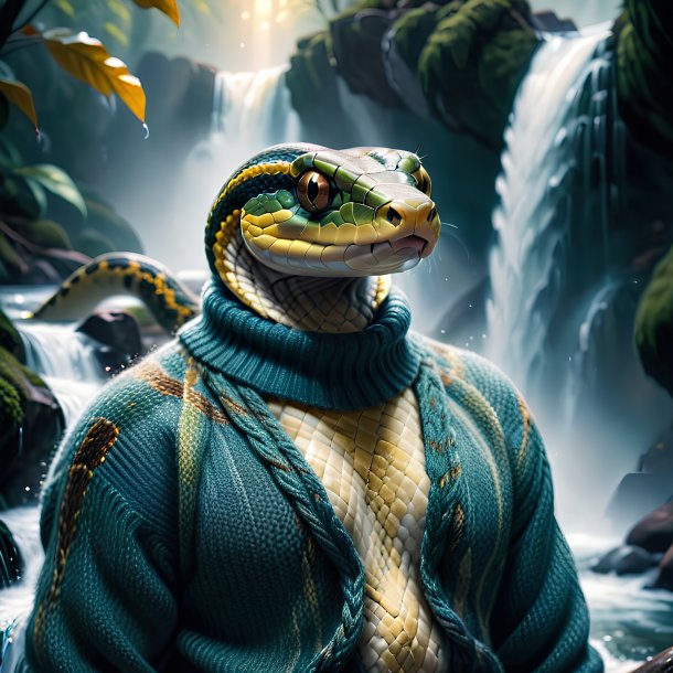 Image of a snake in a sweater in the waterfall