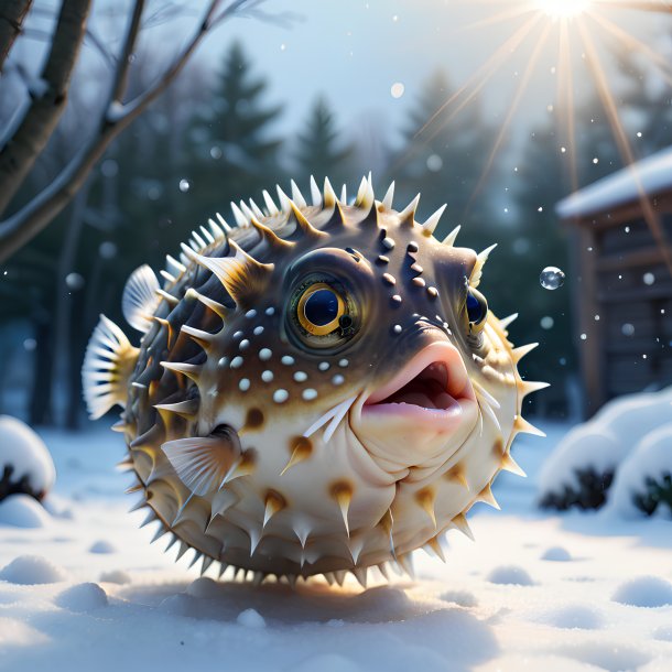 Picture of a playing of a pufferfish in the snow