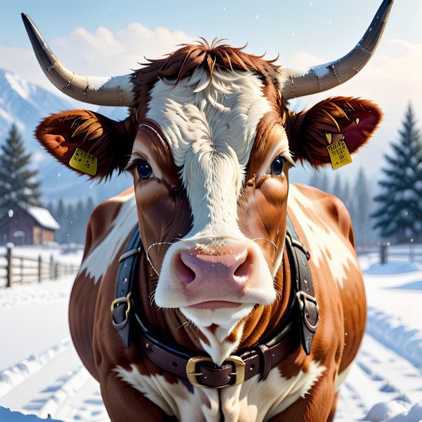 Foto de una vaca en un cinturón en la nieve