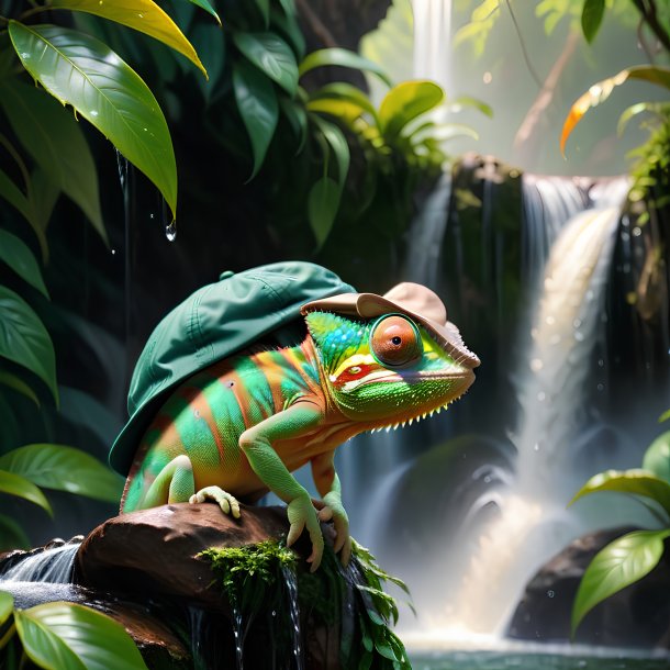 Image of a chameleon in a cap in the waterfall