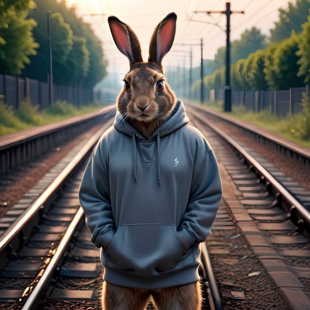 Foto de una liebre en una sudadera con capucha en las vías del tren