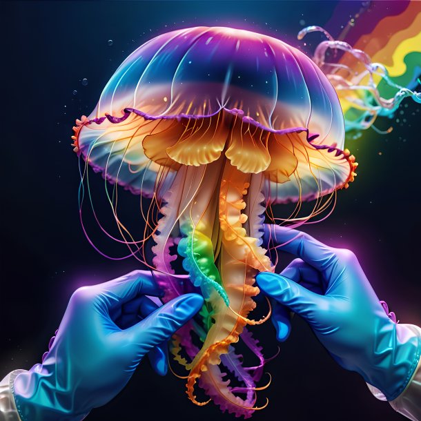 Drawing of a jellyfish in a gloves on the rainbow