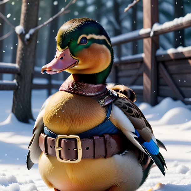 Photo of a duck in a belt in the snow