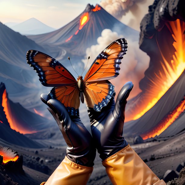 Photo of a butterfly in a gloves in the volcano