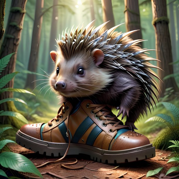 Illustration of a porcupine in a shoes in the forest