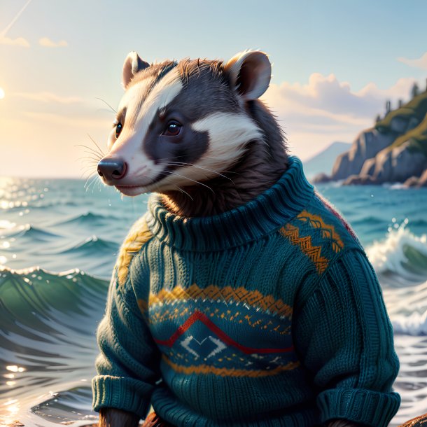 Drawing of a badger in a sweater in the sea