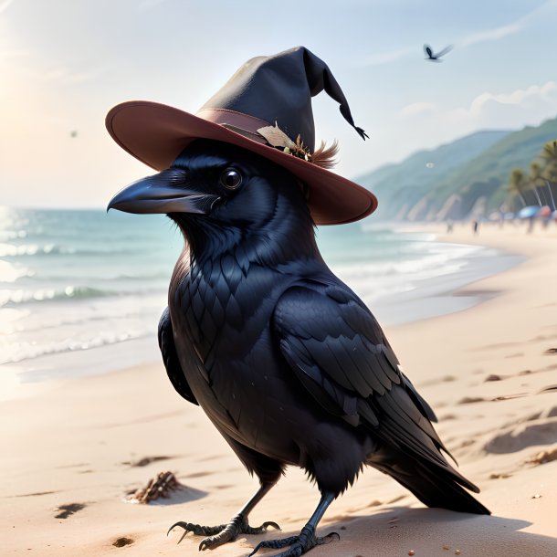 Pic of a crow in a hat on the beach