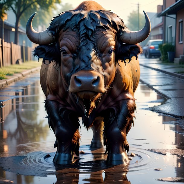 Photo of a buffalo in a trousers in the puddle