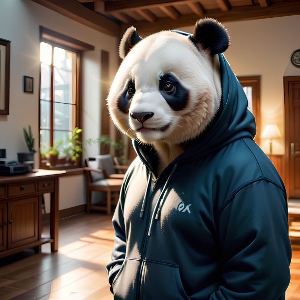 Foto de un panda gigante en una sudadera con capucha en la casa