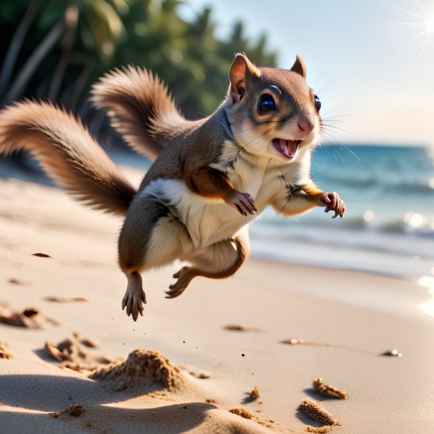 Foto de um salto de um esquilo voador na praia