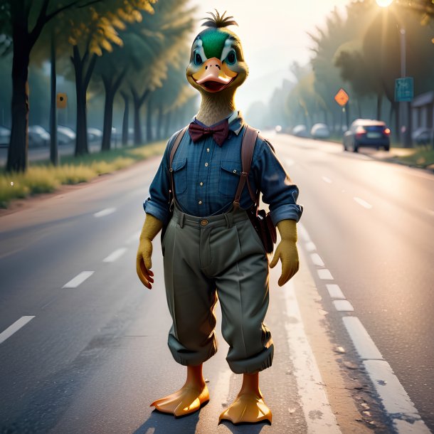 Image of a duck in a trousers on the road