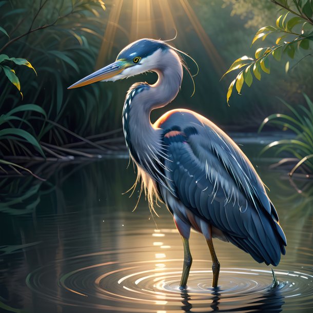 Drawing of a heron in a belt in the water