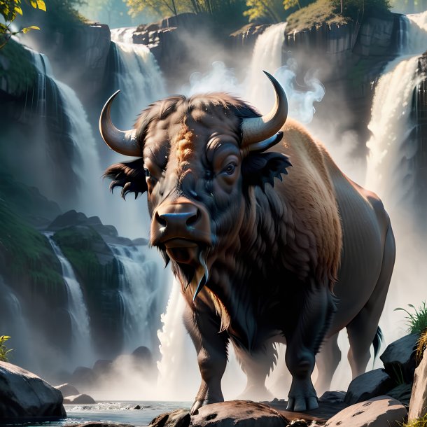 Photo of a smoking of a buffalo in the waterfall