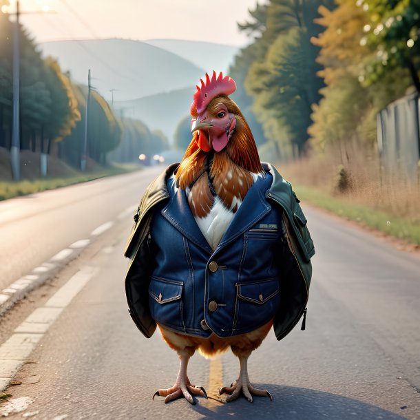 Imagen de una gallina en una chaqueta en el camino