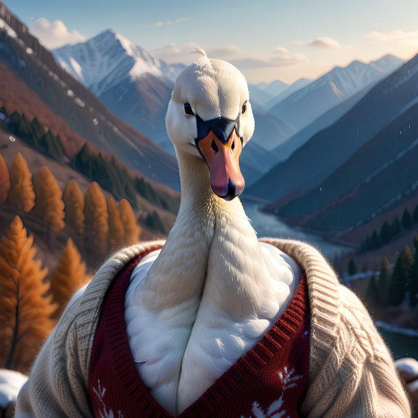 Picture of a swan in a sweater in the mountains