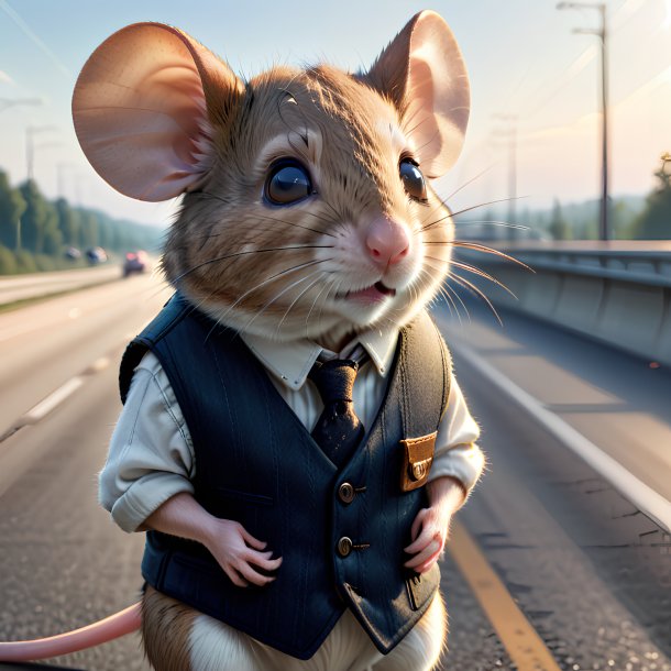 Pic d'une souris dans un gilet sur l'autoroute