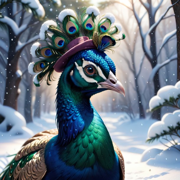 Illustration of a peacock in a hat in the snow