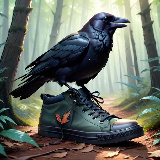 Dessin d'un corbeau dans une chaussure dans la forêt