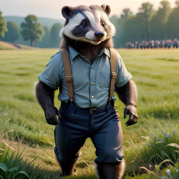 Picture of a badger in a trousers on the field