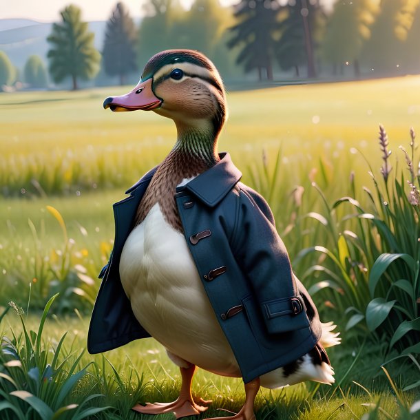 Picture of a duck in a coat in the meadow