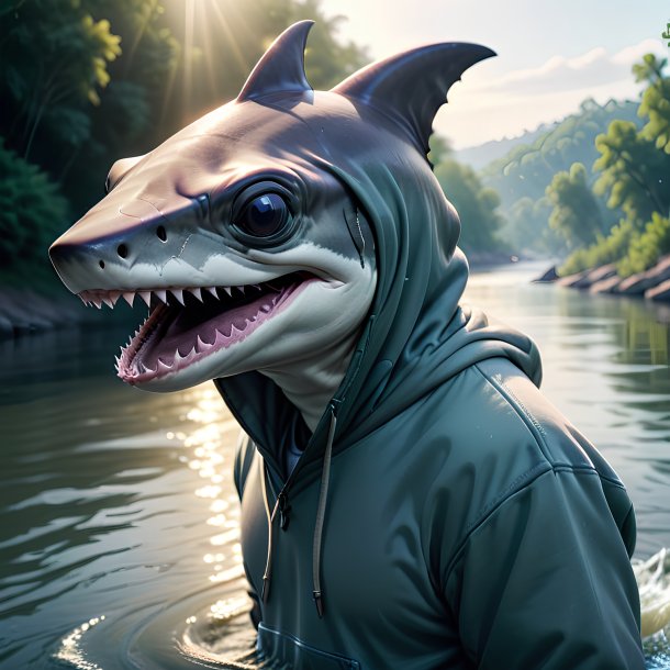 Image of a hammerhead shark in a hoodie in the river