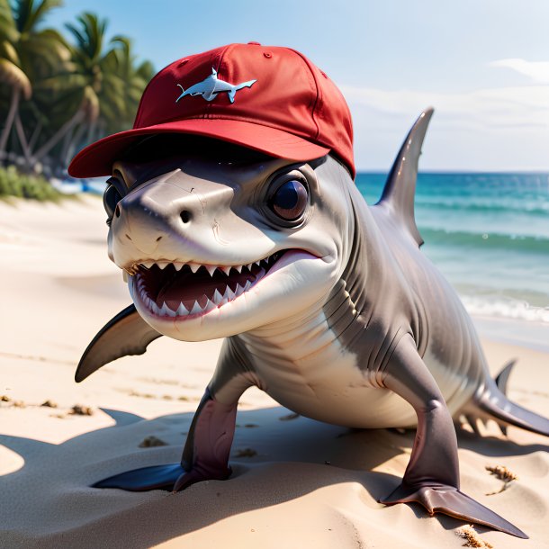 Foto de un tiburón martillo en una gorra en la playa