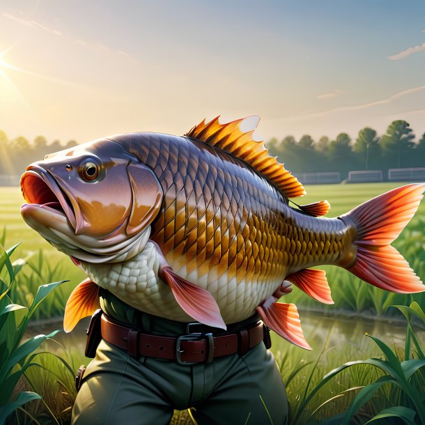 Illustration of a carp in a belt on the field