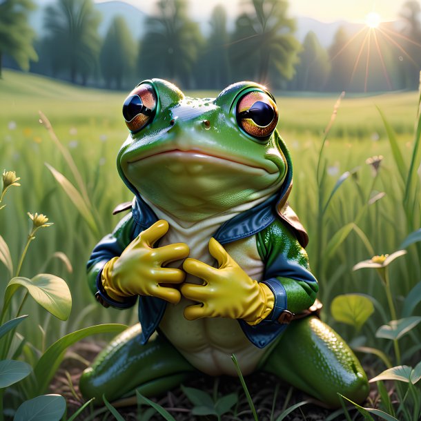 Image of a frog in a gloves in the meadow