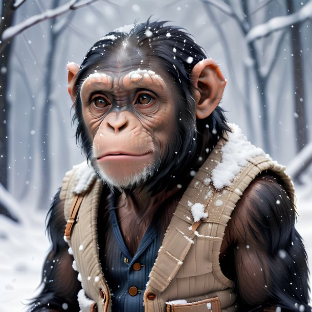 Photo of a chimpanzee in a vest in the snow